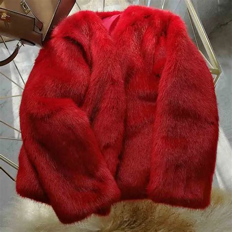 buy firstto stylish winter red v neck shaggy hairy faux fox fur coat vintage