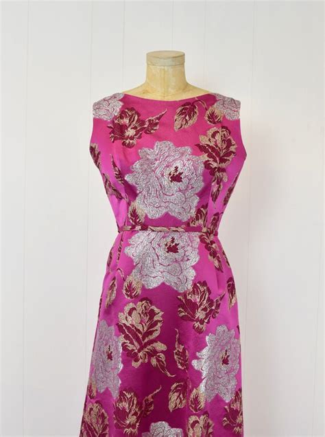 1960s Malcolm Starr Pink Magenta Metallic Floral Gown Gem