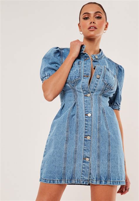 Missguided Light Blue Cinched Waist Denim Mini Dress Denim Mini