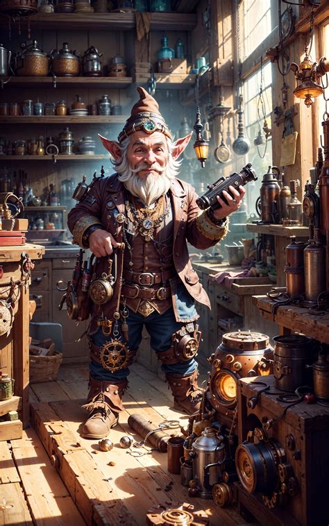 A Steampunk Inspired Digital Illustration Of A Gnome Inventor In