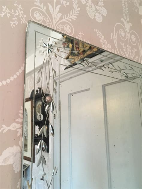 vintage beveled edge mirror with etched flower border art deco etsy