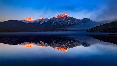 Water Snow Lake Mist Sun Rays Calm Reflection Sunrise Trees