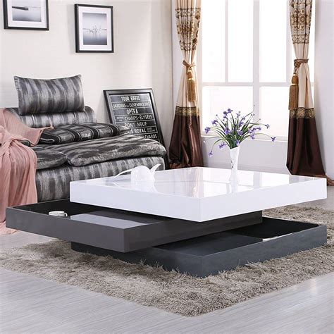 Uenjoy High Gloss Square Storage Rotating Coffee Table W 3 Layers Living Room Furniture Coffee