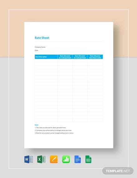 Rate Sheet Template 11 Free Sample Example Format