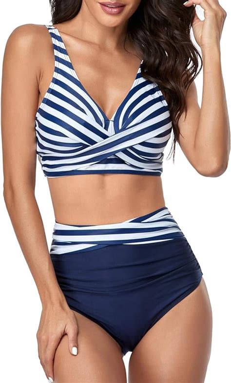 smismivo high waisted swimsuits for women two piece striped bikini full coverage