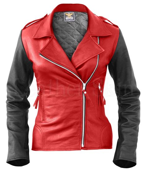 Leather Skin Women Red Brando Genuine Leather Jacket With Black Sleeves
