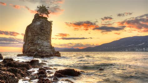 Nature Landscape Trees Rocks Water Waves Moss Sunset Sky