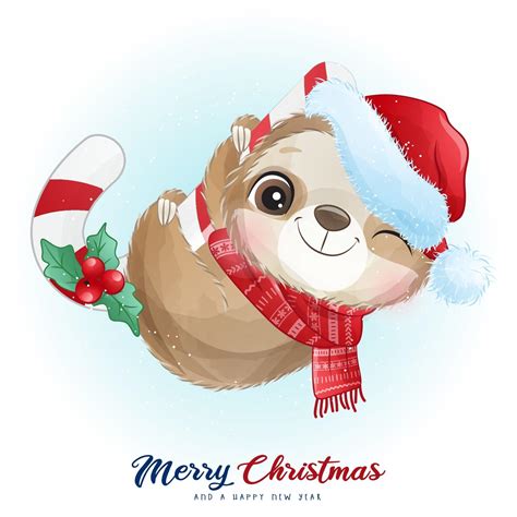Cute Doodle Sloth For Christmas Day With Watercolor Illustration