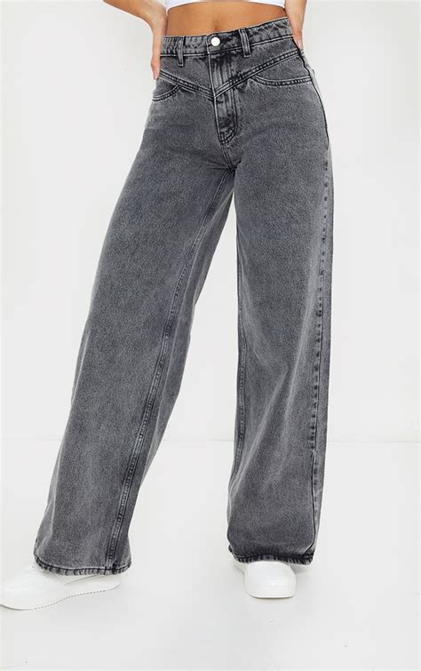 Grey Acid Seam Detail Wide Leg Jeans Denim Prettylittlething Ca
