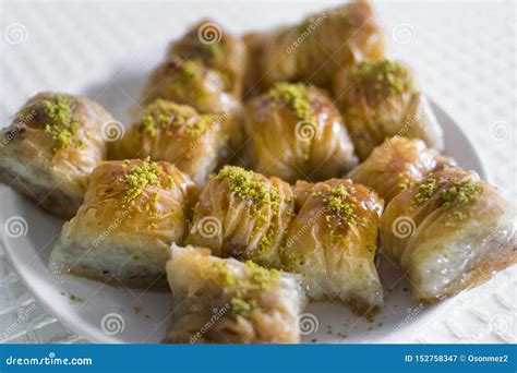 Homemade Turkish Baklava Dessert In Plate With Green Pistachio Stock