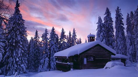 Hd Wallpaper Log Cabin In The Wood In Winter Woods Sunset Nature