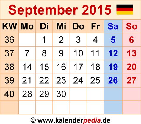 Kalender September 2015 Als Excel Vorlagen