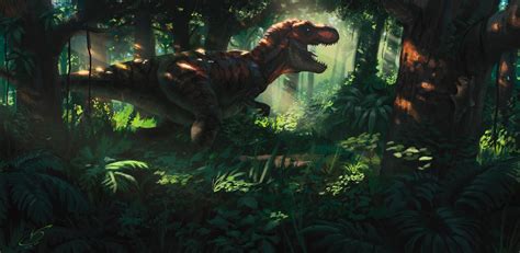 wallpaper tyrannosaurus dinosaur jungle forest art hd widescreen high definition