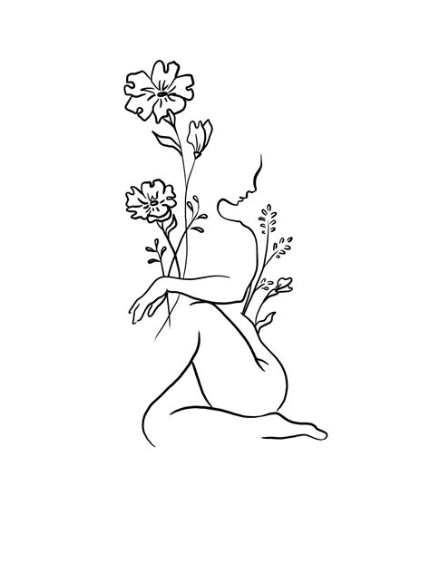 A Line Drawing Of A Woman Holding Flowers