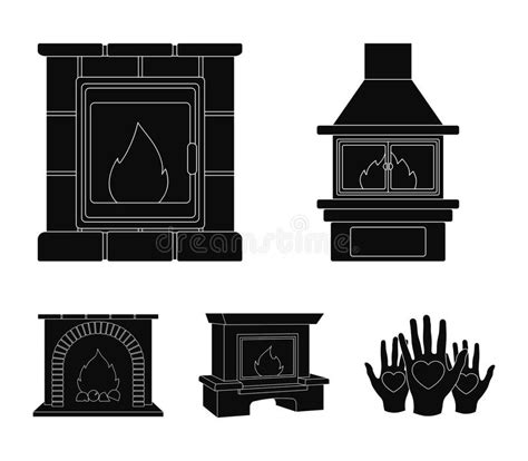 Fire Warmth And Comfort Fireplace Set Collection Icons In Black Style