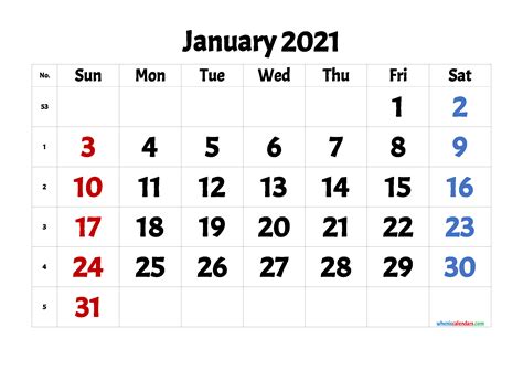 January 2021 Calendar Printable Template