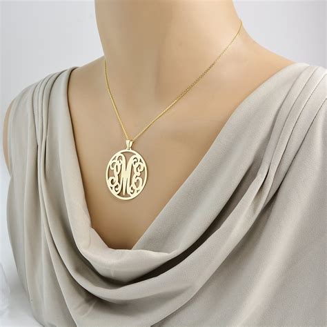 K Or K Solid Gold Initials Large Inches Circle Monogram Pendant Necklace Personalized