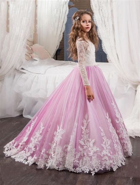 2017 Princess Long Sleeves Lace Flower Girl Dresses 2017 Vestidos Puffy