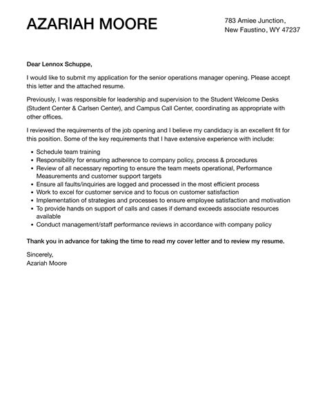 Senior Operations Manager Cover Letter Velvet Jobs