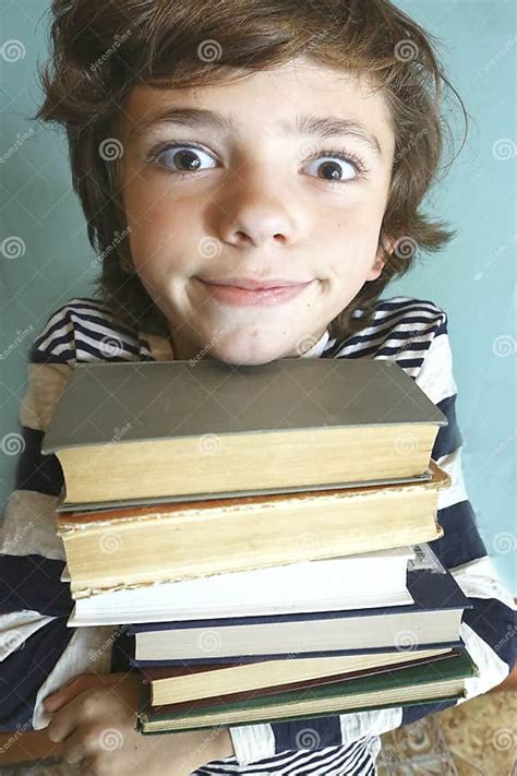 Preteen Handsome Boy With Book Pile Stock Image Image Of Black