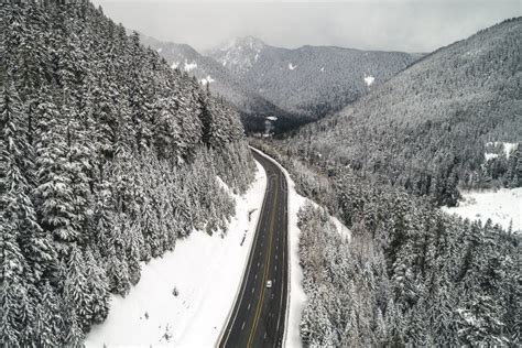 Beautiful Snowy Mountain Road Landscape Scenic Route Stock Photo