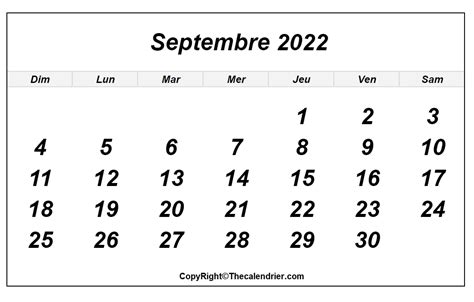 Septembre 2022 Calendrier The Calendrier