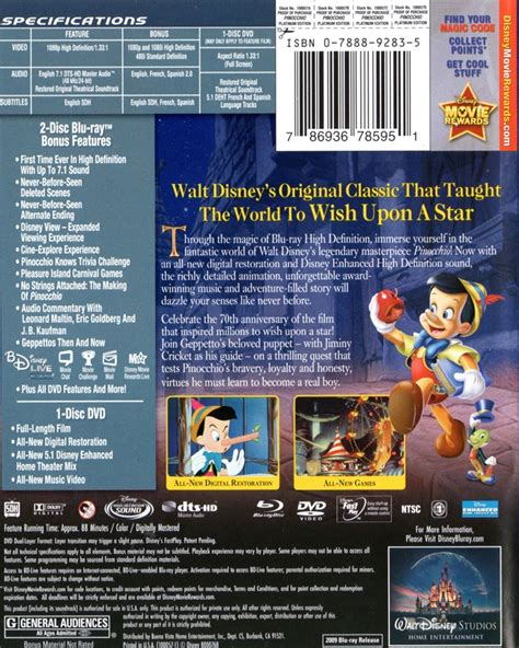 Pinocchio Two Disc 70th Anniversary Platinum Edition Blu Raydvd Combo