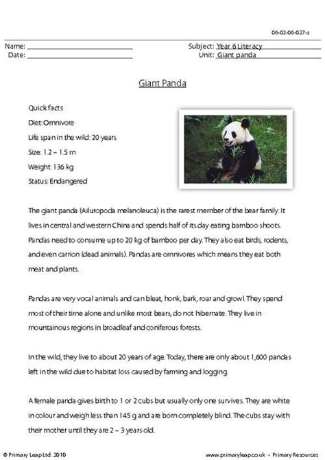 This KS2 reading comprehension includes a passage with some interesting