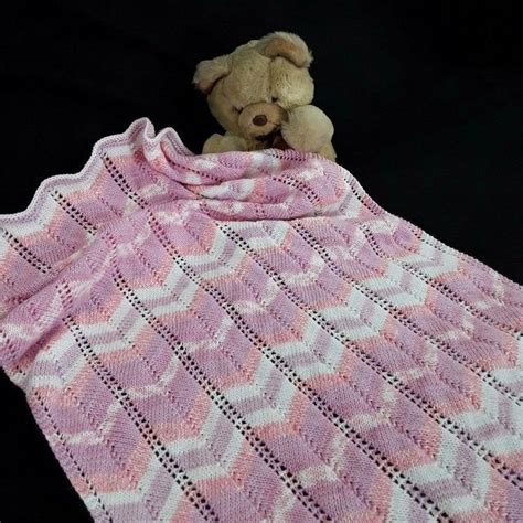 Hand Knitted Baby Pram Blanket Pinks And White Chevron Afghan Pram