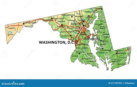 Detailed Maryland Physical Map With Labeling Stock Vector