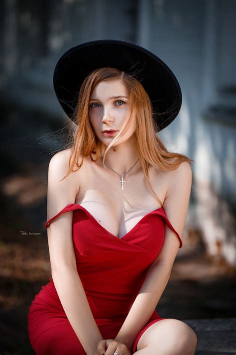 Red Dress Cleavage Women Outdoors Hair In Face Looking At Viewer Women With Hats Dress