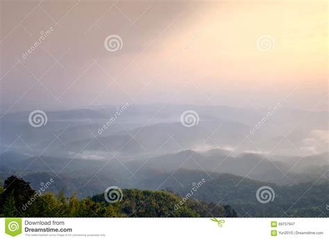 Landscape Fog And Cloud Sky On The Mountain With Sunset In Thai Stock