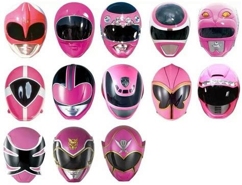 A Group Of Pink And Black Helmets Sitting On Top Of Each Other