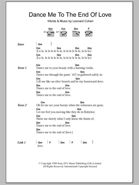 Dance Me To The End Of Love Sheet Music Leonard Cohen Guitar Chords