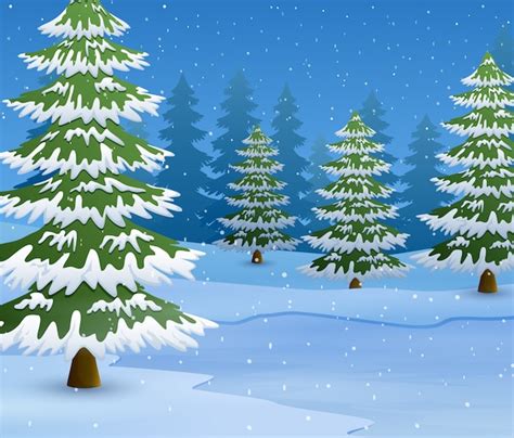 Premium Vector Cartoon Of Winter Landscape With Snowy Ground And Fir