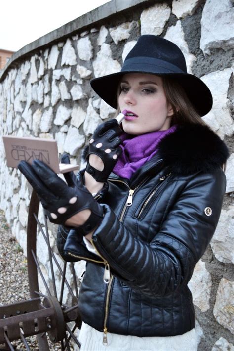 the purple klára nekulová leather driving gloves black leather gloves leather jacket preppy