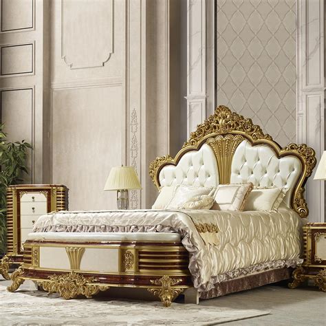 Luxury Cal King Bedroom Set 3 Psc Gold Curved Wood Homey Design Hd 8024