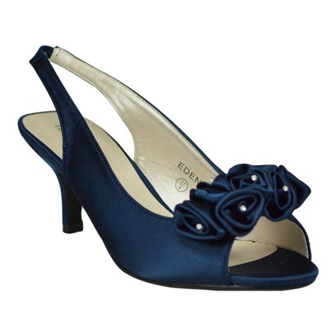 8 Adults Navy Blue Satin Peep Toe Occasion Low Heel Shoes On Onbuy