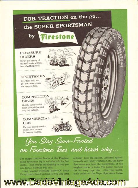 Pamper your ride with a nice pair of wheels for every type of season. 1959 Firestone Motorcycle Tires vintage magazine ...