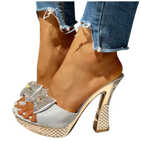 Womens High Heeled Slippers Ladies Platform Bowknot Crystal Causal Peep Toe Shoes Slippers