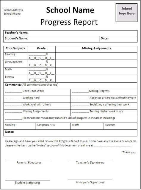 School Progress Report Template Sle For Word Excel And Printing Time