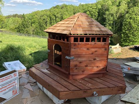 I'm gonna build a floating duck house/ nest box for my father in law, i was thinking about building the house on a 4 inch pvc pipe capped off platform. First DIY floating duck house. | BackYard Chickens - Learn ...