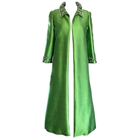 Amazing 1960s Vintage Green Silk Shantung Beaded Long Evening Opera