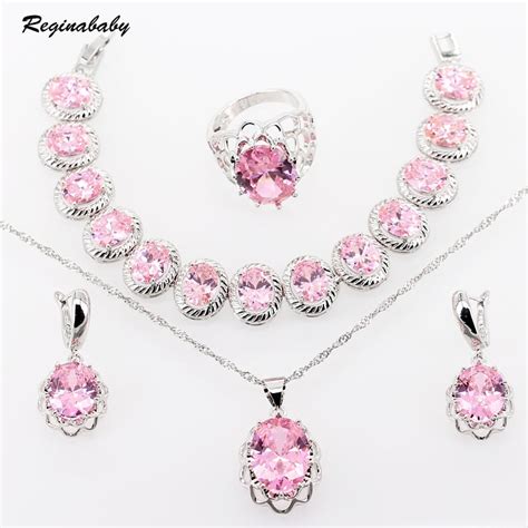 Pink Zircon Jewelry Sets For Lady Wedding Silver Color Overlay Crystal