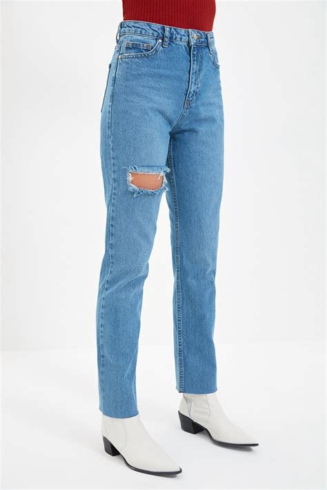 Ripped Detailed High Waist Bootcut Jeans Blue Trendyol Jeans
