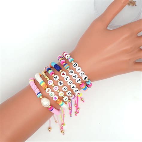Boho Multicolored Polymer Clay Letter Beads Love Stretch Bracelets
