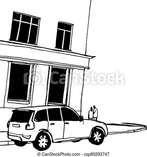 Black And White Cityscape Sketch Vector Hand Drawn Illustration Of