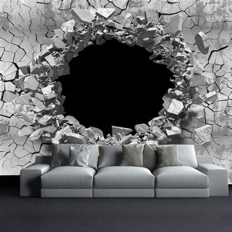 Gray Cracked Wall With Black Hollow Space 3d Custom Wall Murals