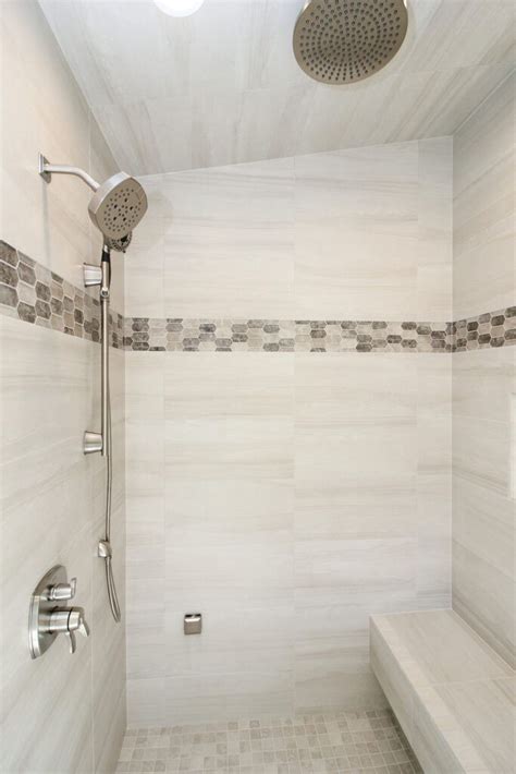 Gray And White Marble Tile With Picket Multicolored Accent Tiled Shower