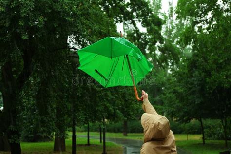 Woman With Broken Green Umbrella On Rainy Day Stock Photo Image Of